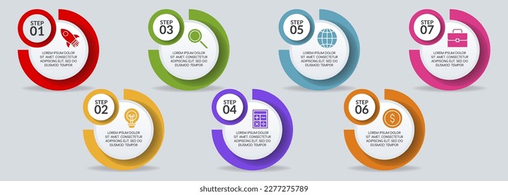 Infographics design template and solid icons with 7 options or 7 steps. use as workflow process diagram,business data  presentation, timeline layout, milestone, banner, brochure, flow chart