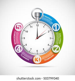 Infographics design template. Stopwatch with a circular arrow and the clock inside. Vector illustration. 
