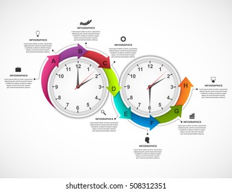 Infographics design template. Stopwatch with a circular arrow and the clock inside. Vector illustration. 