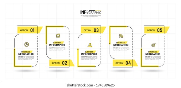 Plantilla de diseño de infografías, concepto de línea delgada con 5 pasos.