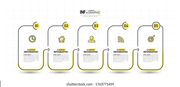 Plantilla de diseño de infografías, concepto de línea delgada con 5 pasos.