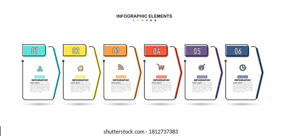 Plantilla de diseño de infografías, concepto de línea delgada con 6 pasos.