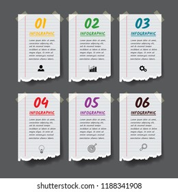 Infographics design template, torn paper style banner 6 steps or options, can be used for workflow layout, diagram, annual report, web design. Creative banner,label vector.
