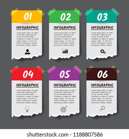 Infographics design template, torn paper style banner 6 steps or options, can be used for workflow layout, diagram, annual report, web design. Creative banner,label vector.
