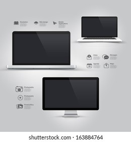 Infographics Design UI Elements: Informatic equipment: Computer, Notebook, Monitor and icons set. 