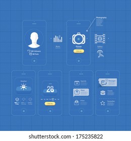 Infographics design UI Elements: Mobile Gui blueprints. Collection of colorful flat kit UI navigation elements with icons for personal portfolio website templates