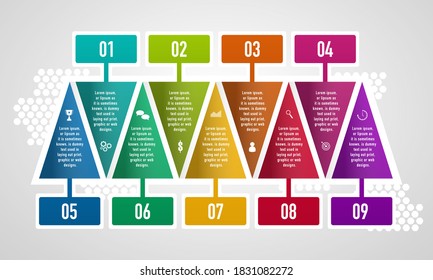 Infographics design vector and business icons with 9 options in triangle shape.
