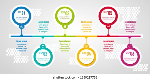 Diseño de infografía vectorial e iconos de negocios con 6 opciones, línea de tiempo del proyecto, hitos, revisión anual