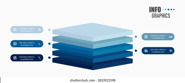 Infographics design vector and business icons with 5 options in a layer of blue 3d square design for presentation and web site