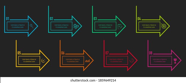 Infographics design vector and business icons with 8 options in neon outline arrow design for presentation and web site