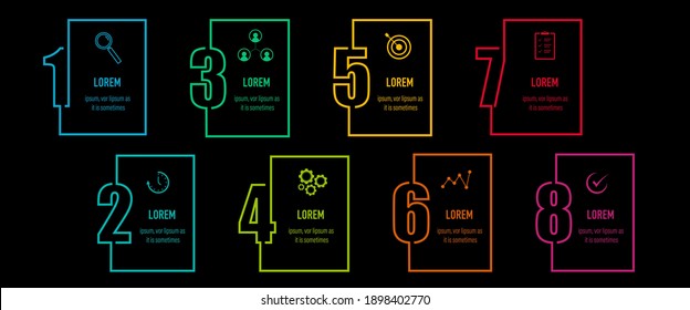 Infographics design vector and business icons with 8 options in neon outline number design for presentation and web site