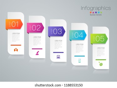 Infographics design vector and marketing icons can be used for workflow layout, diagram, annual report, web design. Business concept with 5 options, steps or processes.