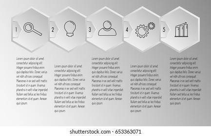 Infographics design vector and marketing icons can be used for workflow layout, diagram, annual report, web design. Business concept with 5 options, steps or processes on gray background.