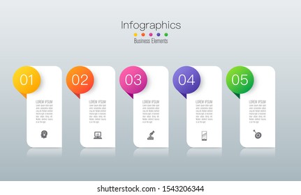 Infographics design vector paper art style and marketing icons can be used for workflow layout, diagram, annual report, web design. Business concept with 5 options, steps or processes.