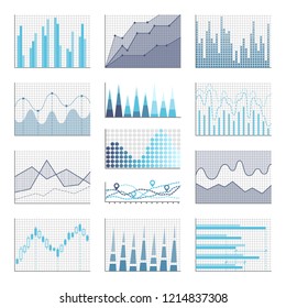 Infographics and diagnostics, charts and schemes vector. Visualized information in squared places, tables with data on project. Investigation results