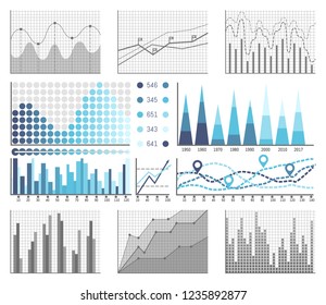 Infographics and diagnostics, charts and schemes vector. Visualized information in squared places, tables with data on project. Investigation results