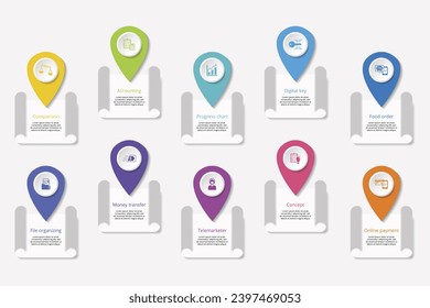 Infographics with Digital Service theme icons, 10 steps. Such as comparison, accounting, progress chart, digital key and more.