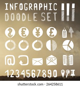 Infographics doodle set money. Bokeh background sky