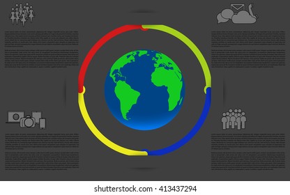 Infographics with earth, planet or world map with technology and chat icons. Four steps rounded timeline. 