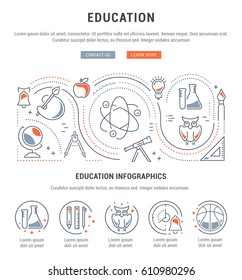 Infographics of education draw in the style flat and line. Concept for web banners and printed materials. Template with buttons for website and landing page.