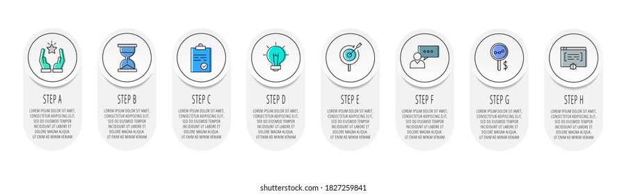 Infographics with eight circles and labels. Abstract vector template. Can be used for eight diagrams, business, web, banner, flowchart, info graph, content, chart, processes diagram