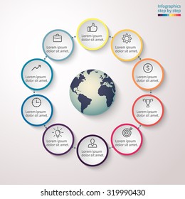 Infographics with element in the center. Abstract chart, graph, diagram with 10 steps, options, parts, processes. Vector template for presentation and training.