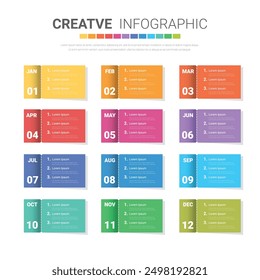 Infografik Element Design für den ganzen Monat, 12 Monate, kann für Business-Workflow, Prozessdiagramm, Flussdiagramm verwendet werden. EPS-Vektor.