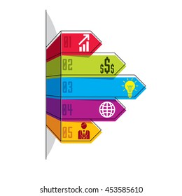 Infographics element, vector layout of different color five banners, composition of five ribbons visual presentation of options.