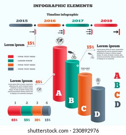 Infographics elements. 3d columns chart with shadow. Business step options. Cylinder solid and timeline diagram with icons. Modern colored banner with four options. Vector illustration. EPS10