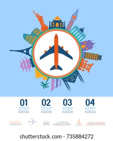 Infographics elements. Airplane icon surrounded by Travel and Famous Landmarks icons. Travel concept with stylish colorful icons