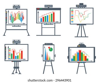 Infographics elements in business style. Bar graphs for data visualization. Isolated icons charts and projectors boards on a white background. Vector Illustration