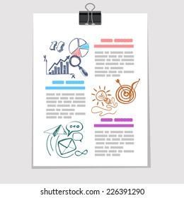 Infographics elements chart graph arrow idea message sketch on sheet of a paper with clip
