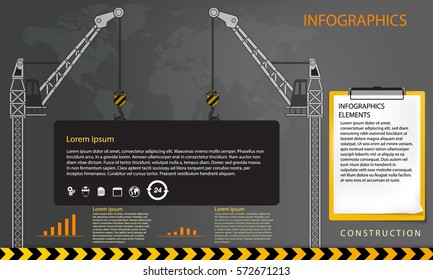 Infographics elements, Construction business, build tower crane on a world map background, vector,paper