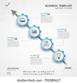 Infographics elements diagram with 4 steps, options, Vector illustration, blue gear icon, presentation template, advertisment layout, Process chart, business flyer, banner design, web, timeline, silde