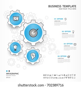 Infographics elements diagram with 4 steps, options, Vector illustration, blue gear icon, presentation template, advertisment layout, Process chart, business flyer, banner design, web, timeline, silde