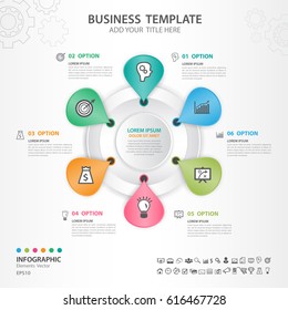 Infographics elements diagram with 6 steps, options, Vector illustration, Circle 3d icon, presentation,  advertisment, Process chart, business flyer, banner design, web design, timeline, silde