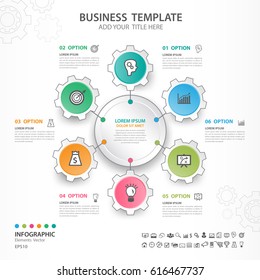 Infographics elements diagram with 6 steps, options, Vector illustration, Gears 3d icon, presentation,  advertisment, Process chart, business flyer, banner design, web design, timeline, silde