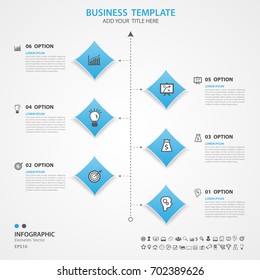Infographics elements diagram with 6 steps, options, Vector illustration, blue Square icon, presentation template, advertisment layout, Process chart, business flyer, banner, web, timeline, silde