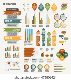 Infographics Elements/
Illustration of infographics design elements, with arrows, bar graph, statistics, corporate business information and global communication concepts