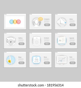 Infographics elements kit : Set of colorful flat UI navigation elements with technology icons, objects for personal portfolio website and mobile templates