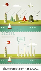 infographics elements with a lighthouse on the landscape