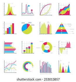 Infographics Elements in Modern Flat Business Style. Graphics for Data Visualization. Bar Diagrams, Pie Charts , Graphs showing growth. Icons Set Isolated on White. Vector illustration.