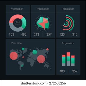 Infographics Elements in Modern Flat Business Style. Bar Diagrams, Pie Charts Diagrams, World Map. Vector illustration