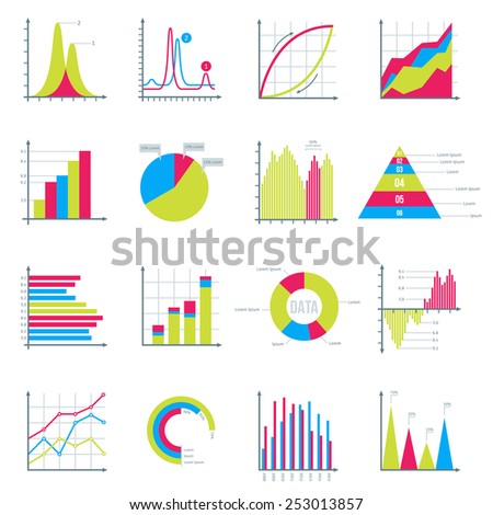 Infographics Elements in Modern Flat Business Style. Graphics for Data Visualization. Bar Diagrams, Pie Charts , Graphs showing growth. Icons Set Isolated on White. Vector illustration.