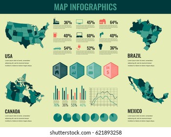 Infographics Elements set with collection Maps of America. USA, Canada, Brazil, Mexico infographics maps. Vector illustration