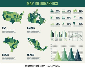 Infographics Elements set with collection Maps of America. USA, Canada, Brazil, Mexico infographics maps. Vector illustration