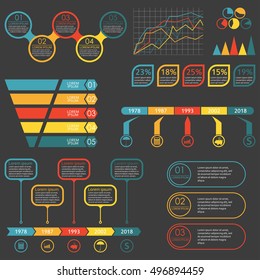 Infographics Elements Set. Funnel, Graph, Chart, Arrows. Infographics With 5 Or 3 Steps, Levels, Options. Vector Illustration.