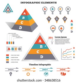 Infographics elements set. Pyramid chart, graphics with tags and marks. Perspective view. Timeline diagram with icons. Four option colored banner. Vector 