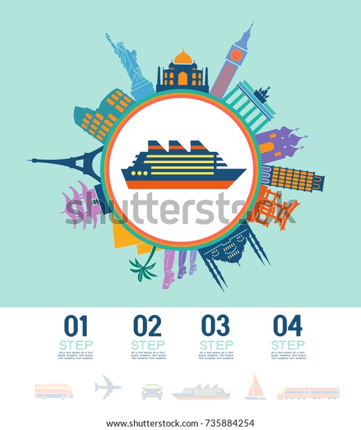 Infographics elements. Ship icon surrounded by\
Travel and Famous Landmarks icons. Travel concept with stylish\
colorful icons