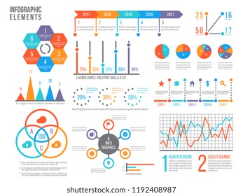 Infographics elements. Statistics chart, option flowchart and timeline. Diagram, budget graph. Business presentation vector graphics. Flowchart template, timeline and circle graph illustration